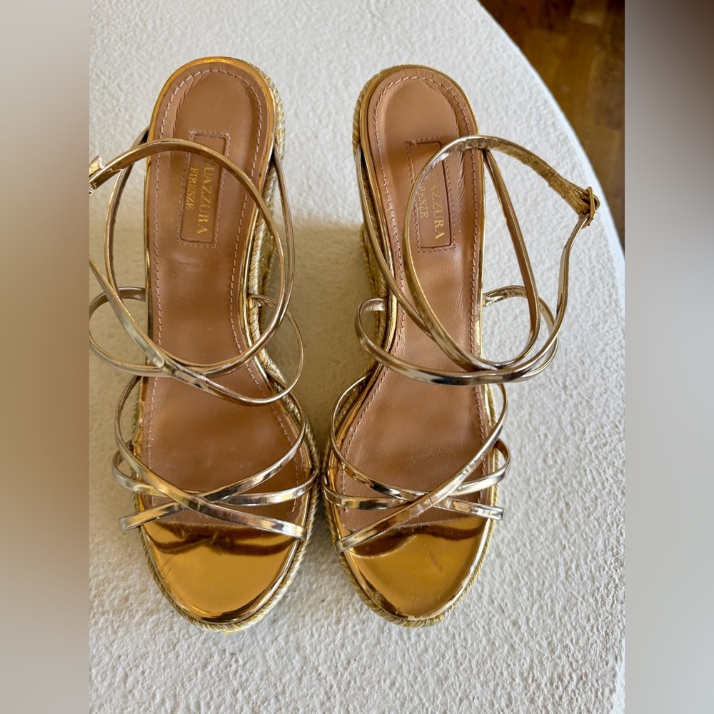 Aquazzura Gold Strappy Women's Platform Wedge Sandals - 37.5 / 7.5
